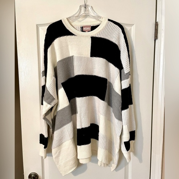 Show Me Your Mumu Size 3X Ember Patchwork Knit Tunic Sweater Cream Black Gray - Picture 3 of 11